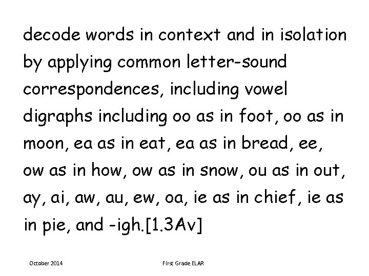 decode words in context and in isolation by applying common letter-sound correspondences, including vowel