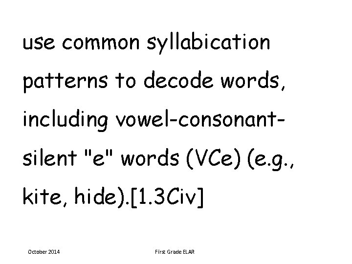 use common syllabication patterns to decode words, including vowel-consonantsilent "e" words (VCe) (e. g.