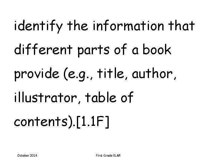 identify the information that different parts of a book provide (e. g. , title,