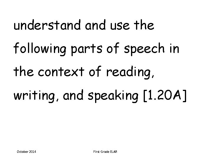 understand use the following parts of speech in the context of reading, writing, and