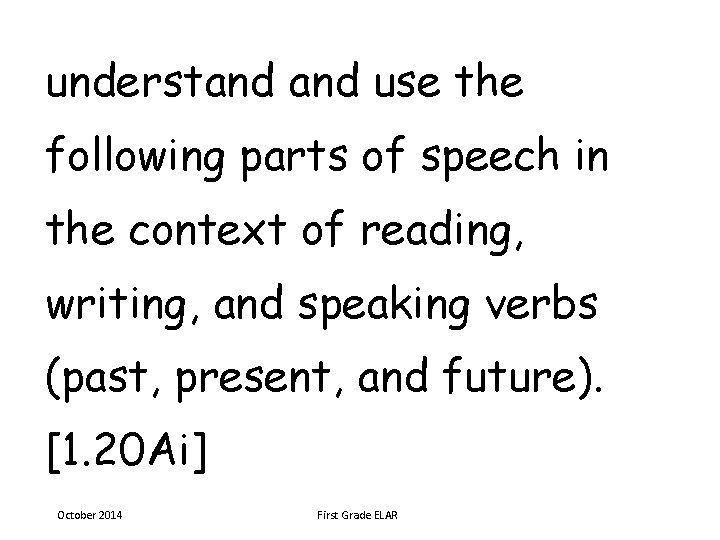 understand use the following parts of speech in the context of reading, writing, and