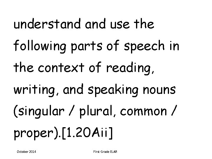 understand use the following parts of speech in the context of reading, writing, and