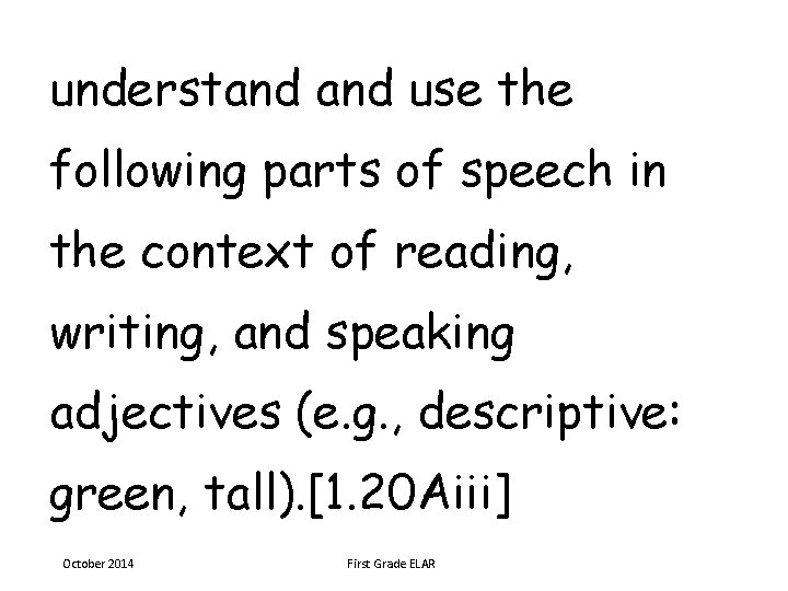 understand use the following parts of speech in the context of reading, writing, and