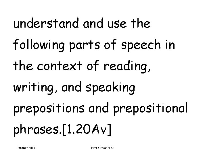 understand use the following parts of speech in the context of reading, writing, and