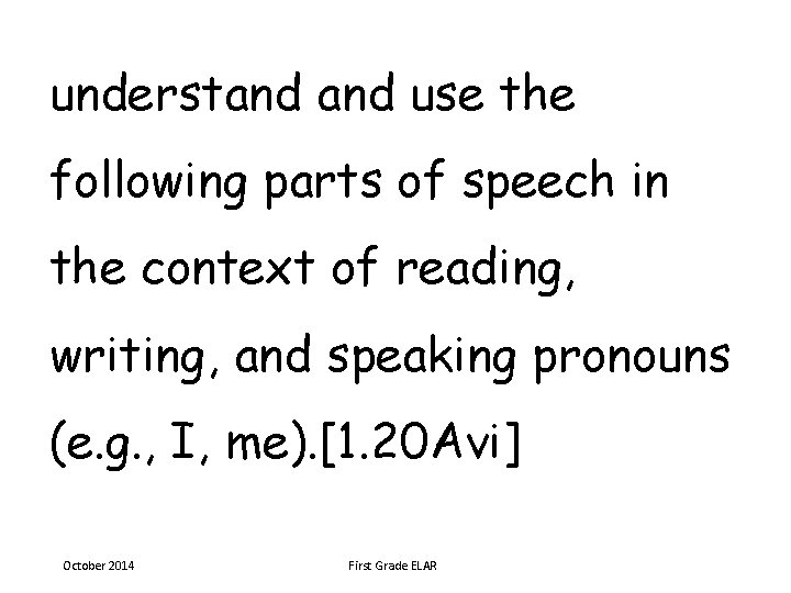 understand use the following parts of speech in the context of reading, writing, and