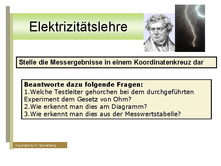 Elektrizitätslehre Stelle die Messergebnisse in einem Koordinatenkreuz dar Beantworte dazu folgende Fragen: 1. Welche