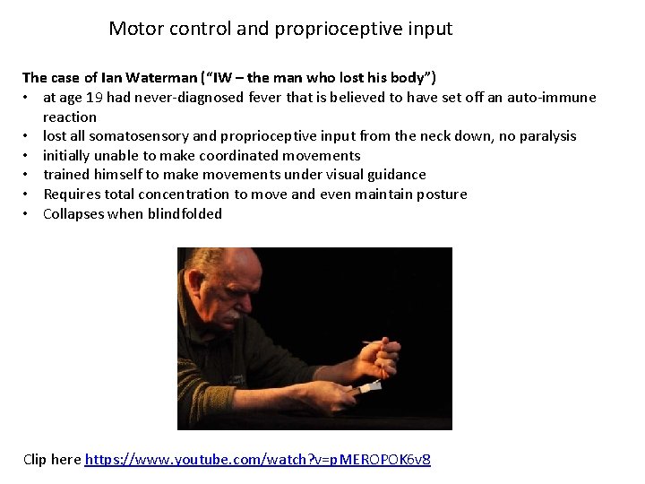 Motor control and proprioceptive input The case of Ian Waterman (“IW – the man