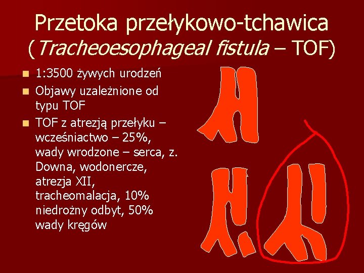 Przetoka przełykowo-tchawica (Tracheoesophageal fistula – TOF) 1: 3500 żywych urodzeń n Objawy uzależnione od