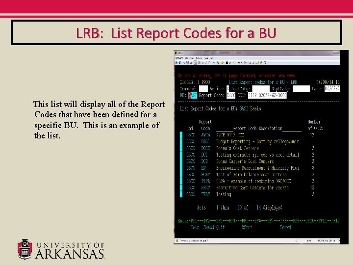LRB: List Report Codes for a BU This list will display all of the LRB: List Report Codes for a BU This list will display all of the