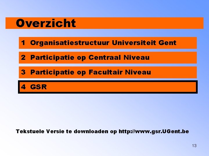 Overzicht 1 Organisatiestructuur Universiteit Gent 2 Participatie op Centraal Niveau 3 Participatie op Facultair