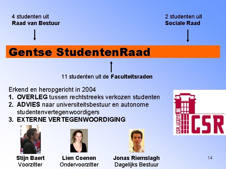 4 studenten uit Raad van Bestuur 2 studenten uit Sociale Raad Gentse Studenten. Raad