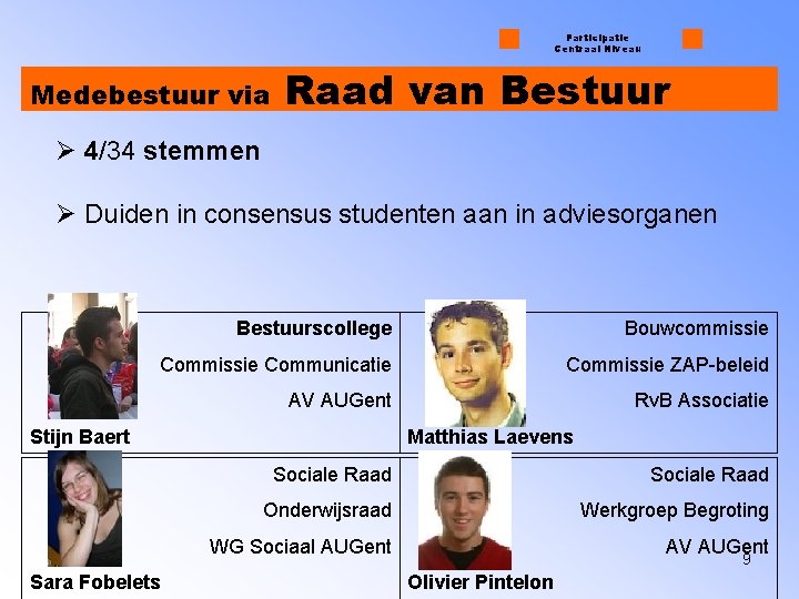 Participatie Centraal Niveau Medebestuur via Raad van Bestuur Ø 4/34 stemmen Ø Duiden in