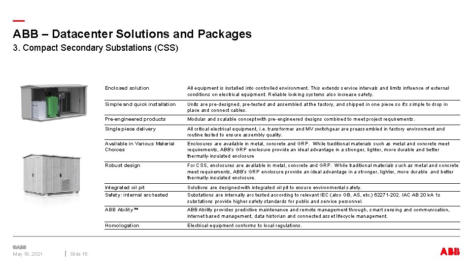 — ABB – Datacenter Solutions and Packages 3. Compact Secondary Substations (CSS) May 18,