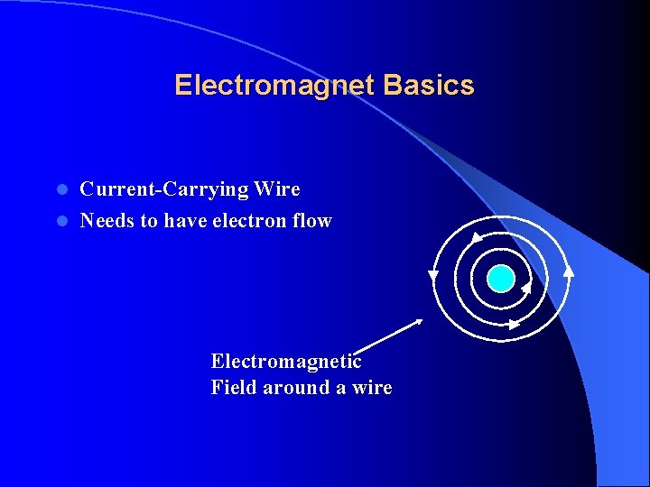 Electromagnet Basics Current-Carrying Wire l Needs to have electron flow l Electromagnetic Field around