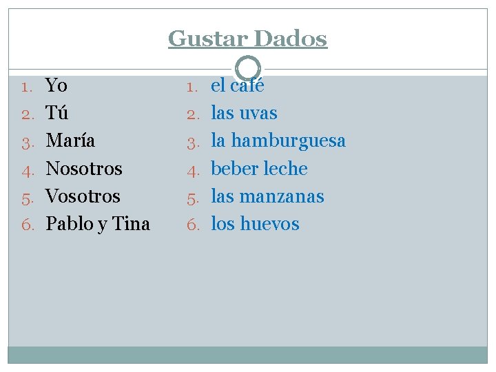 Gustar Dados 1. Yo 1. el café 2. Tú 2. las uvas 3. María