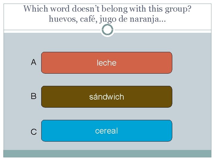 Which word doesn’t belong with this group? huevos, café, jugo de naranja… A leche
