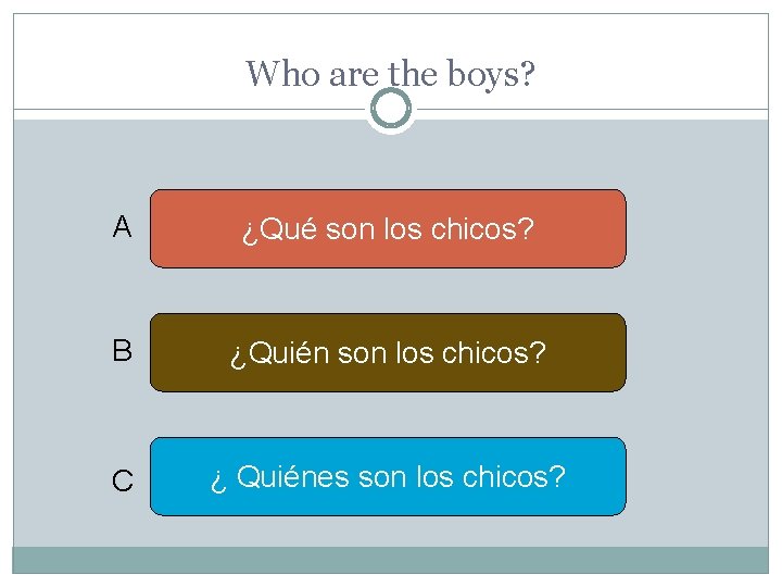 Who are the boys? A ¿Qué son los chicos? B ¿Quién son los chicos?