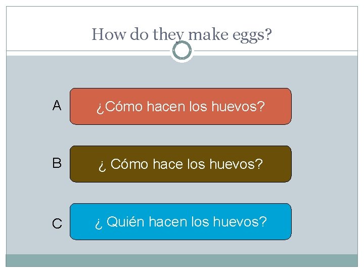 How do they make eggs? A ¿Cómo hacen los huevos? B ¿ Cómo hace