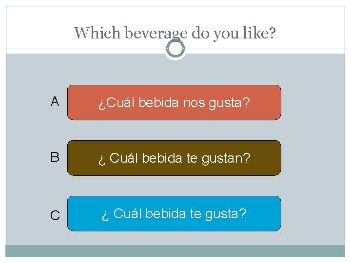 Which beverage do you like? A ¿Cuál bebida nos gusta? B ¿ Cuál bebida