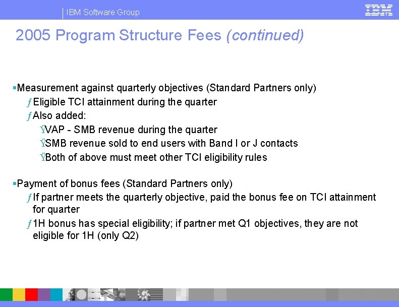 IBM Software Group 2005 Program Structure Fees (continued) §Measurement against quarterly objectives (Standard Partners