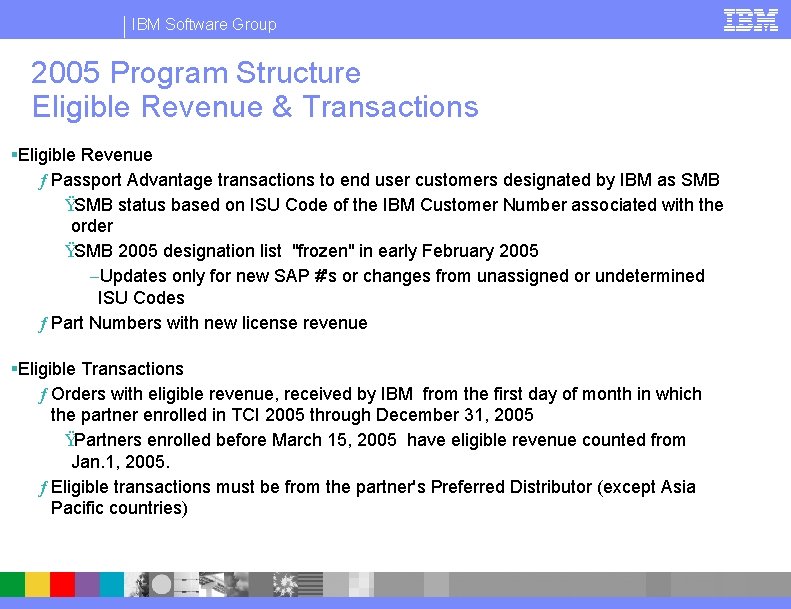 IBM Software Group 2005 Program Structure Eligible Revenue & Transactions §Eligible Revenue ƒ Passport