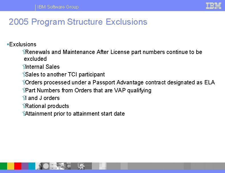 IBM Software Group 2005 Program Structure Exclusions §Exclusions ŸRenewals and Maintenance After License part