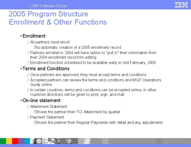 IBM Software Group 2005 Program Structure Enrollment & Other Functions §Enrollment ƒ All partners