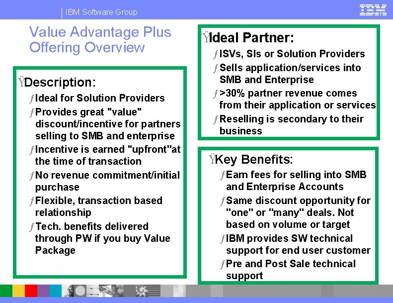 IBM Software Group Value Advantage Plus Offering Overview ŸDescription: ƒ Ideal for Solution Providers