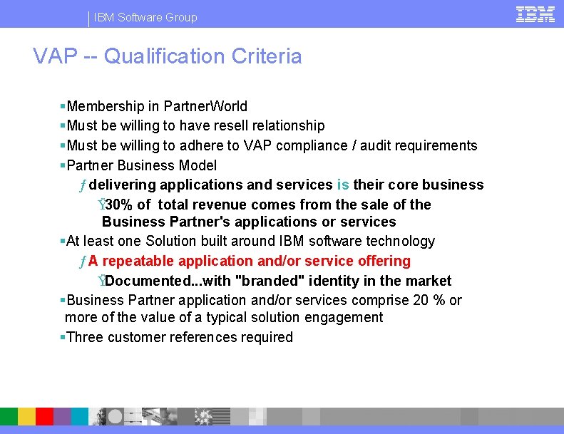 IBM Software Group VAP -- Qualification Criteria §Membership in Partner. World §Must be willing