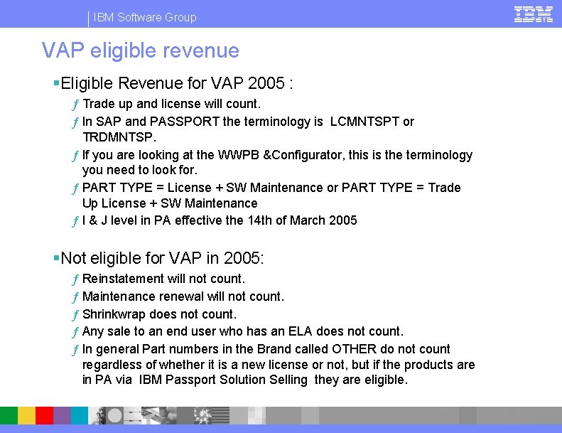 IBM Software Group VAP eligible revenue §Eligible Revenue for VAP 2005 : ƒ Trade