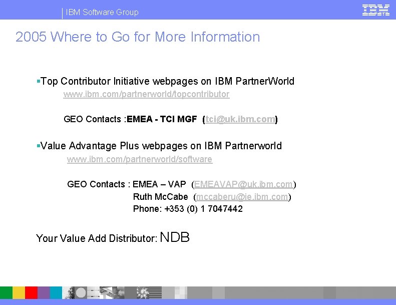 IBM Software Group 2005 Where to Go for More Information §Top Contributor Initiative webpages