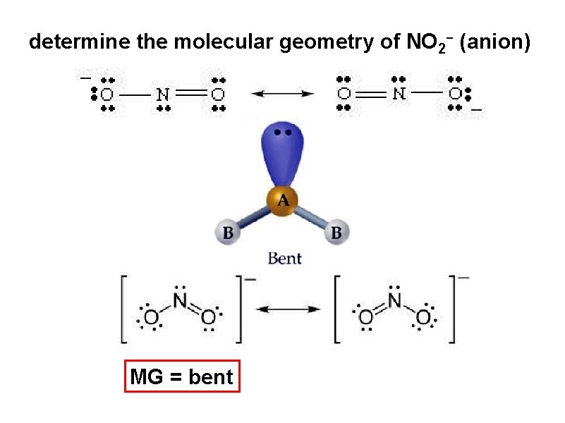 determine the molecular geometry of NO 2 - (anion) MG = bent 