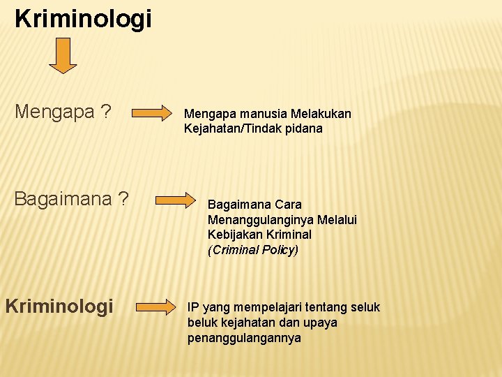 Kriminologi Mengapa ? Bagaimana ? Kriminologi Mengapa manusia Melakukan Kejahatan/Tindak pidana Bagaimana Cara Menanggulanginya