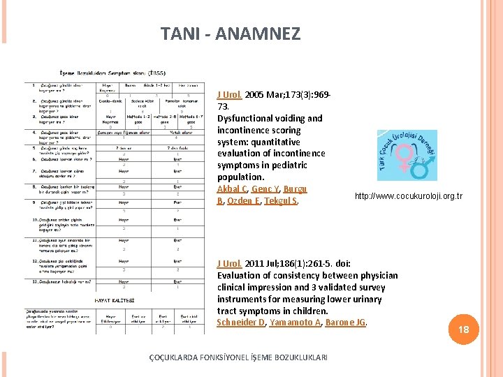 TANI - ANAMNEZ J Urol. 2005 Mar; 173(3): 96973. Dysfunctional voiding and incontinence scoring