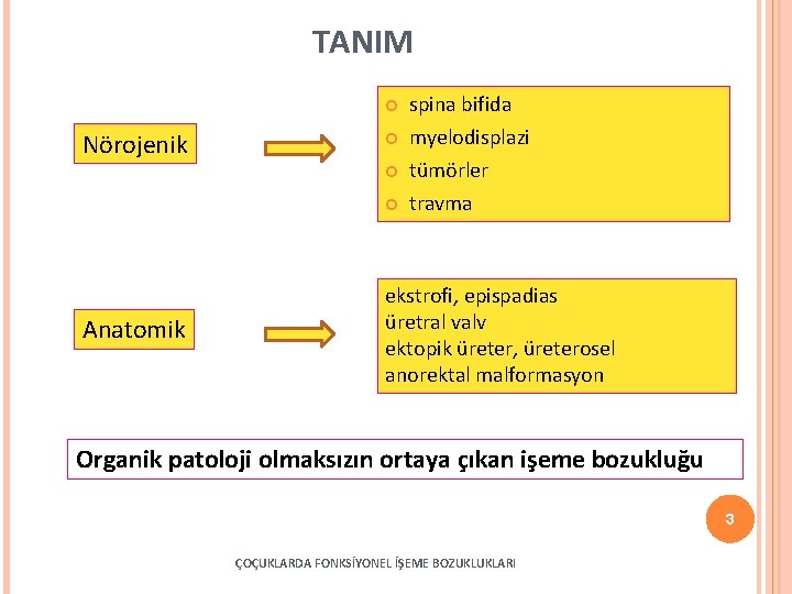 TANIM Nörojenik spina bifida myelodisplazi tümörler travma Anatomik ekstrofi, epispadias üretral valv ektopik üreter,