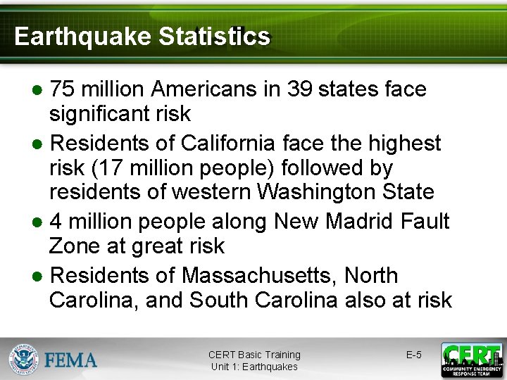 Earthquake Statistics ● 75 million Americans in 39 states face significant risk ● Residents