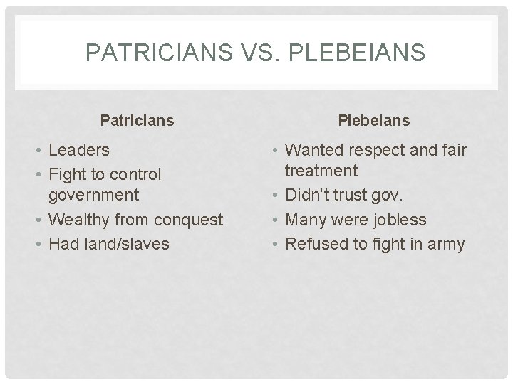 PATRICIANS VS. PLEBEIANS Patricians • Leaders • Fight to control government • Wealthy from