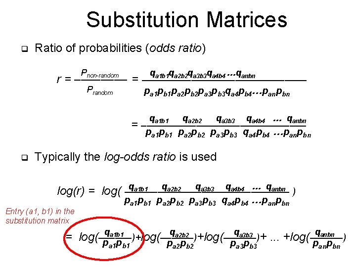 Substitution Matrices q Ratio of probabilities (odds ratio) Pnon-random qa 1 b 1 qa