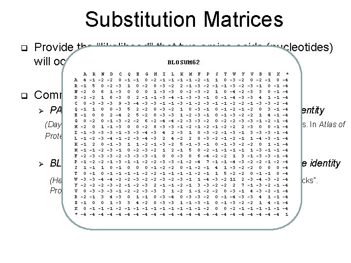 Substitution Matrices q q Provide the “likelihood” that two amino acids (nucleotides) will occur