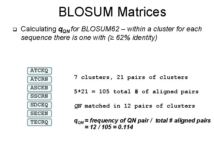 BLOSUM Matrices q Calculating q. QN for BLOSUM 62 – within a cluster for