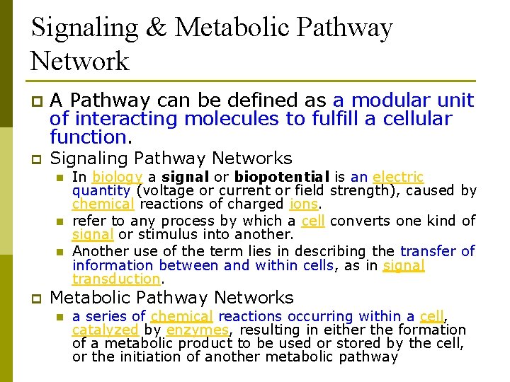 Signaling & Metabolic Pathway Network p p A Pathway can be defined as a