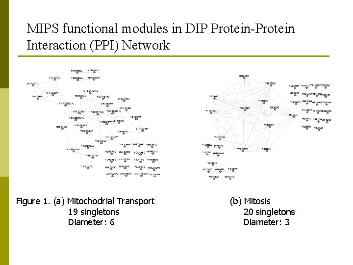 MIPS functional modules in DIP Protein-Protein Interaction (PPI) Network Figure 1. (a) Mitochodrial Transport