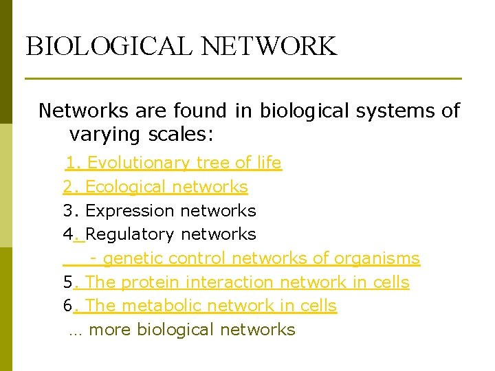 BIOLOGICAL NETWORK Networks are found in biological systems of varying scales: 1. Evolutionary tree