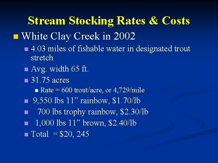 Stream Stocking Rates & Costs n White Clay Creek in 2002 4. 03 miles