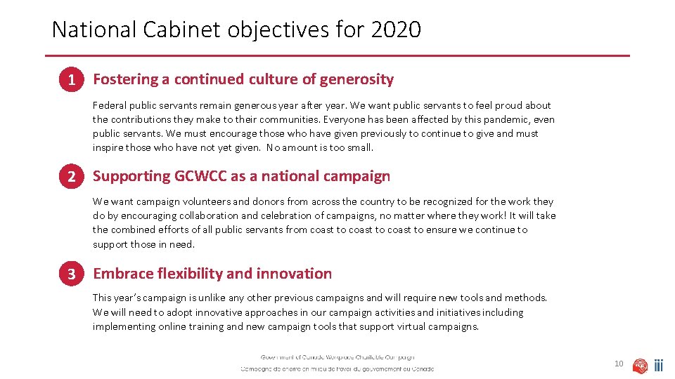 National Cabinet objectives for 2020 1 Fostering a continued culture of generosity Federal public