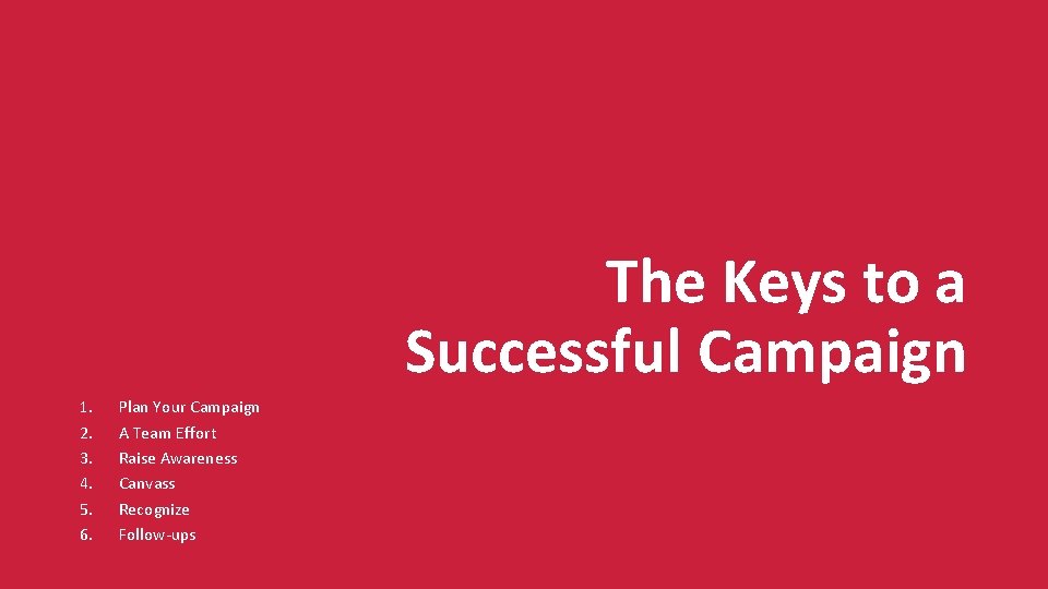 The Keys to a Successful Campaign 1. 2. 3. 4. 5. 6. Plan Your