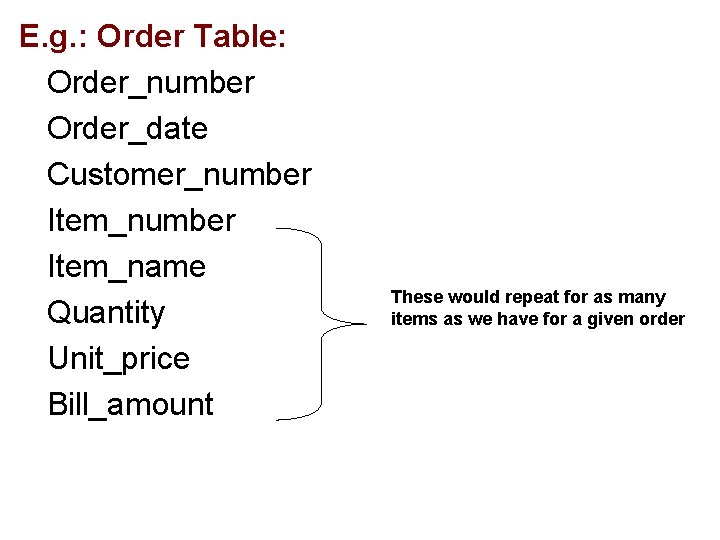 E. g. : Order Table: Order_number Order_date Customer_number Item_name Quantity Unit_price Bill_amount These would
