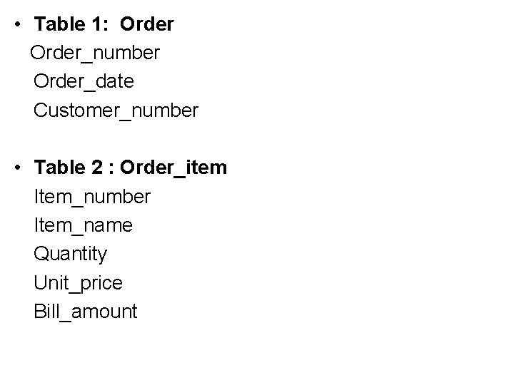  • Table 1: Order_number Order_date Customer_number • Table 2 : Order_item Item_number Item_name