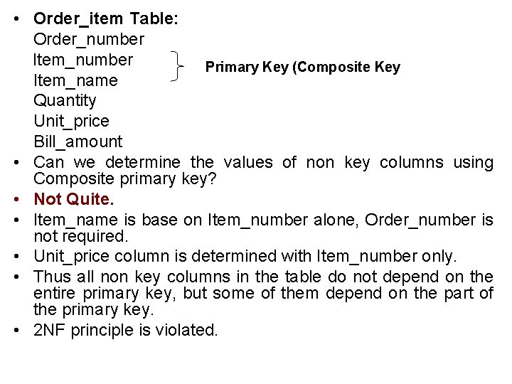  • Order_item Table: Order_number Item_number Primary Key (Composite Key Item_name Quantity Unit_price Bill_amount
