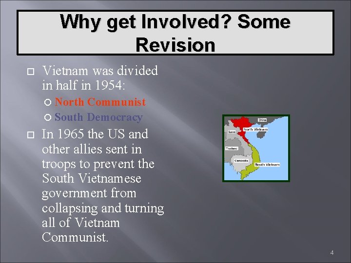 Why get Involved? Some Revision Vietnam was divided in half in 1954: North Communist